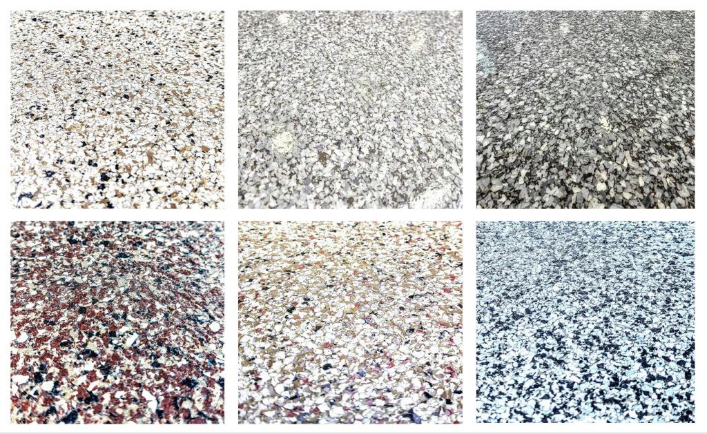 Decorative coating chip color options offered by Arrowhead Coating Co.